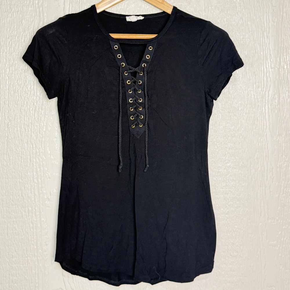 Ultra Flirt Black Lace Up Front Short Sleeve Casual Top Womens Medium